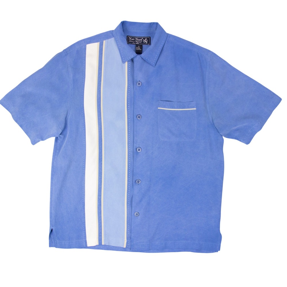Nat Nast Luxury Originals Mens Blue 100% Silk Short Sleeve Bowling Shirt Size M